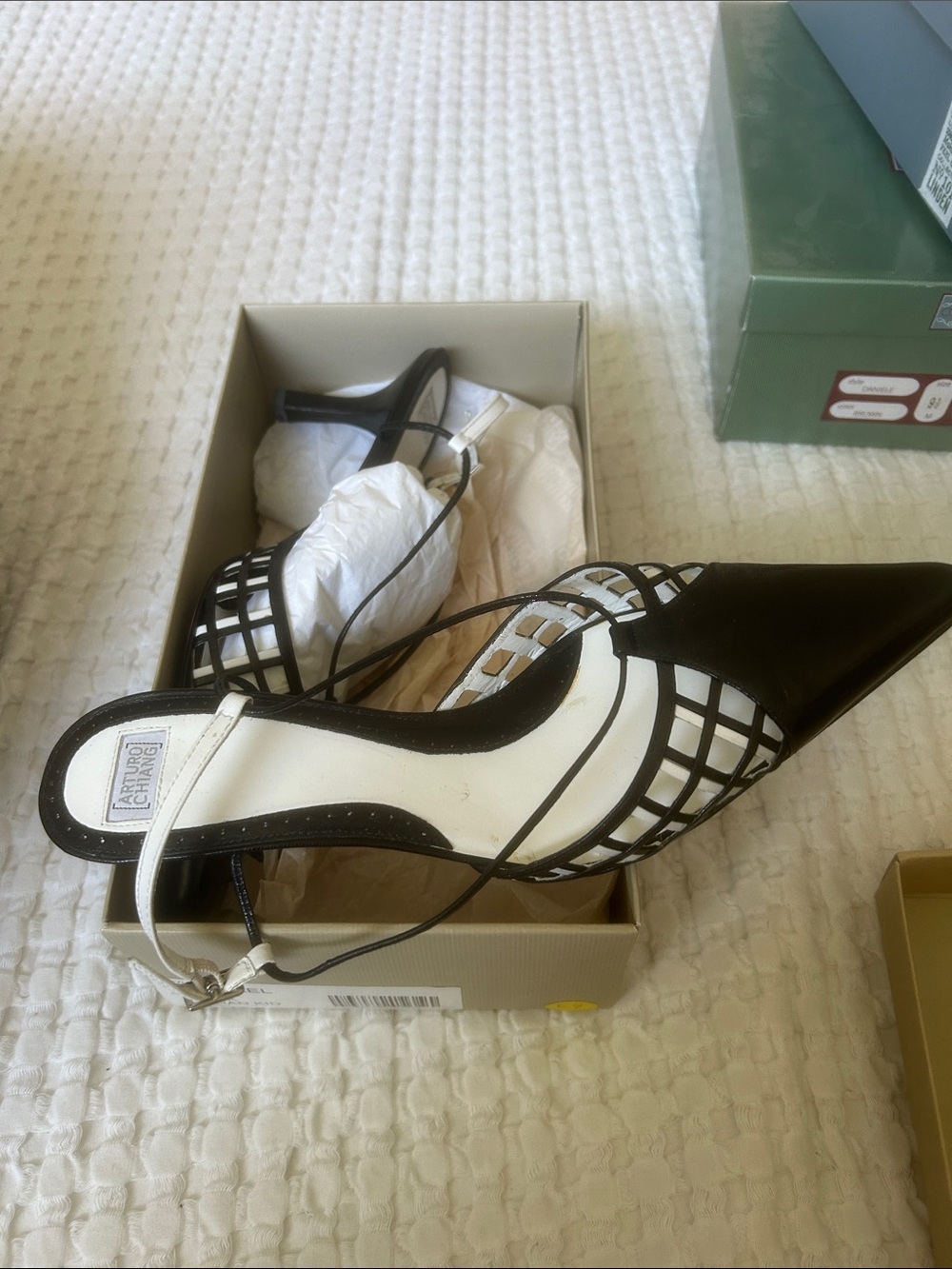 Arturo Chiang Black and White Pointed Cage Slingback Heels